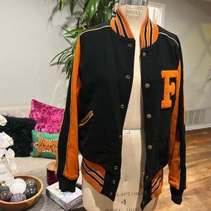 Vintage Varsity Butwin Letterman F Band Lyre Jacket Orange Black Very Old S-M